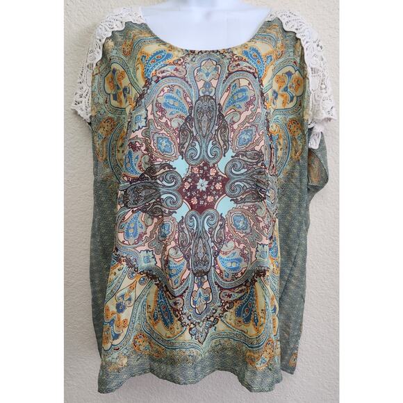 Cato Green Burgundy Paisley Print Crochet/Lace Shoulders Top 18W 20W Plus Flowy - Picture 1 of 5